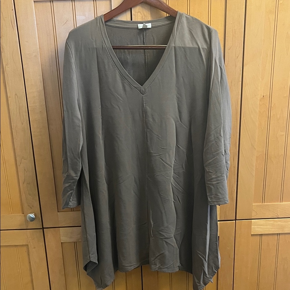 Garnet Hill Brown/ Taupe V-Neck Tunic Top- 3/4 sleeve